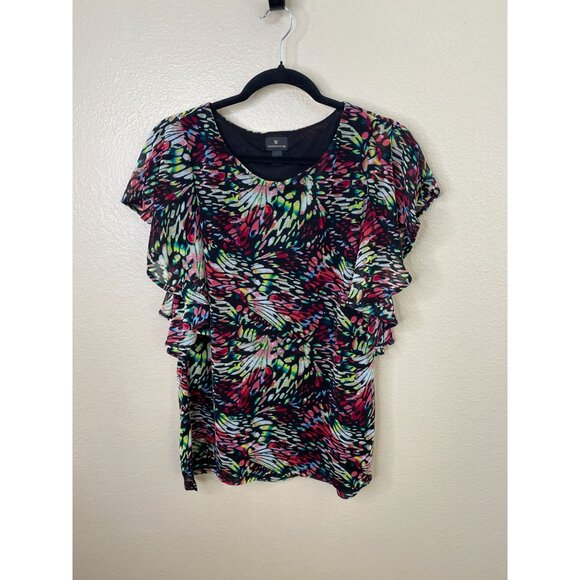 Worthington Womens Multicolored Flutter Sleeve Blouse M Polyester Scoop Neck - Picture 2 of 6